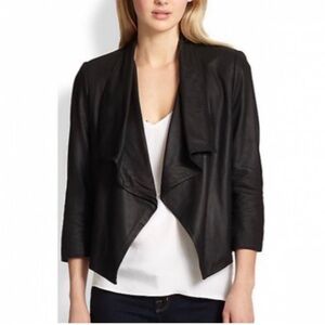Alice + Olivia Women's drape front Black Leather Jacket S